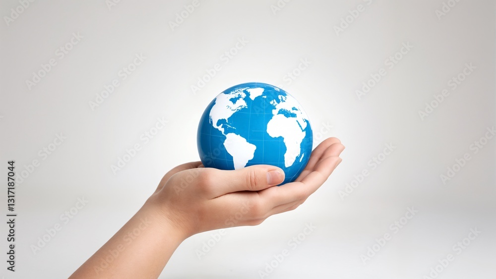 A hand holding a blue and white globe in front of a white background. A hand holding a blue and white globe in front of a white background.
