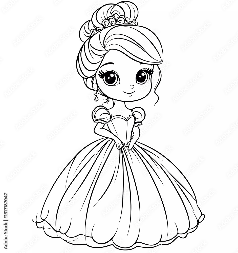 Cute little princess in a beautiful dress coloring page for kids, simple and clean line art style, no background details, white color on black paper, cartoon illustration