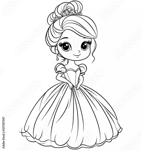 Cute little princess in a beautiful dress coloring page for kids, simple and clean line art style, no background details, white color on black paper, cartoon illustration