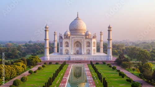 Witness the Sunrise at Taj Mahal Agra - Architectural Marvel Amidst Serene Landscape from Elevated Viewpoint
