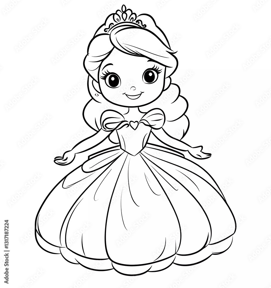 Cute little princess in a beautiful dress coloring page for kids, simple and clean line art style, no background details, white color on black paper, cartoon illustration