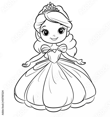 Obraz na płótnie Cute little princess in a beautiful dress coloring page for kids, simple and clean line art style, no background details, white color on black paper, cartoon illustration w salonie