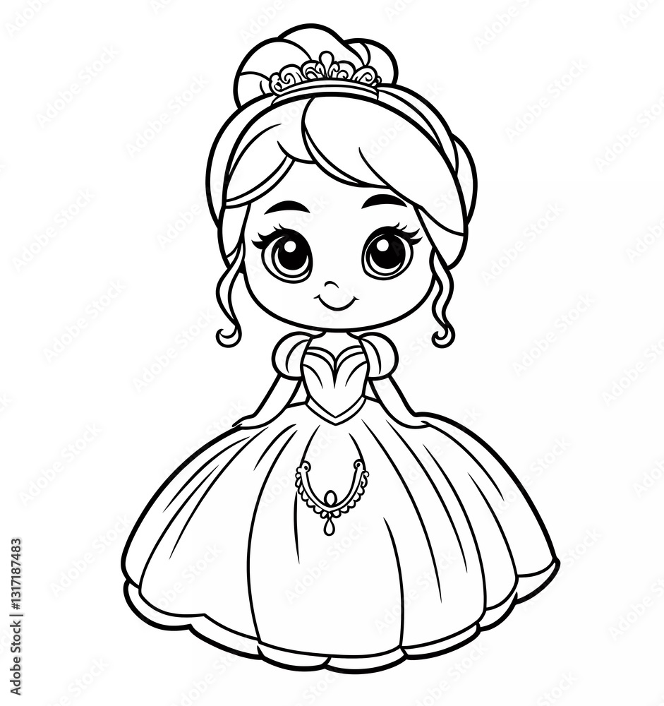 Cute little princess in a beautiful dress coloring page for kids, simple and clean line art style, no background details, white color on black paper, cartoon illustration