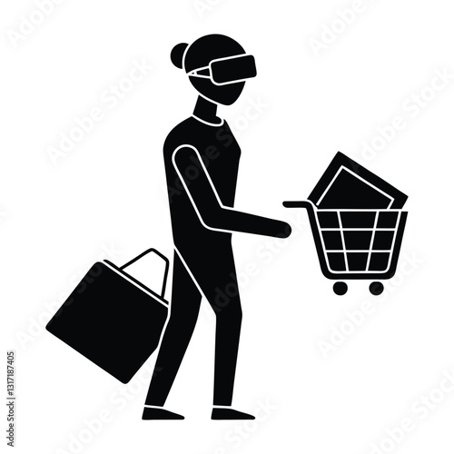 Silhouette of woman with vr headset shopping with cart and bag in black and white style. VR Head Set.