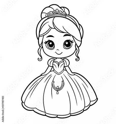 Obraz na płótnie Cute little princess in a beautiful dress coloring page for kids, simple and clean line art style, no background details, white color on black paper, cartoon illustration w salonie