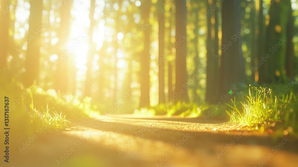 Fototapeta premium Path through a sunlit forest with dappled light filtering through the canopy warm and inviting natural tones