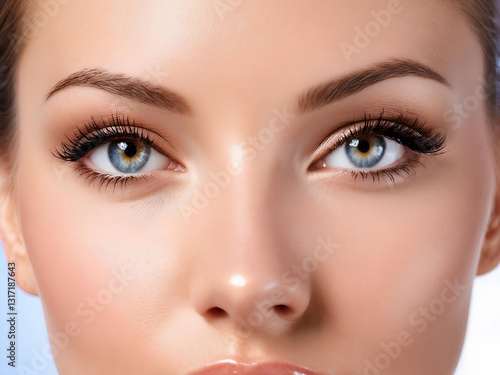 Woman's face is captured in a close-up, emphasizing her striking blue eyes and features