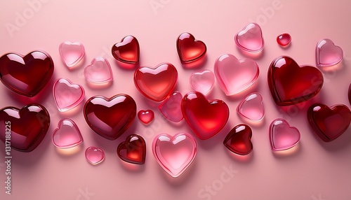 red and pink glass hearts on a soft pink background