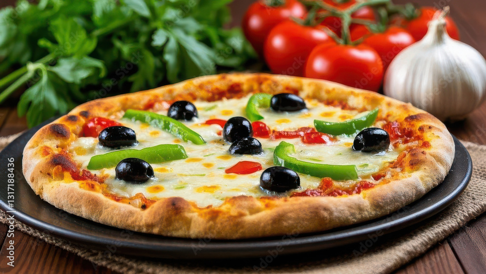 Freshly baked thin crust pizza topped with black olives, green peppers, and cheese for a flavorful meal Freshly baked thin crust pizza topped with black olives, green peppers, and cheese for a flavorful meal