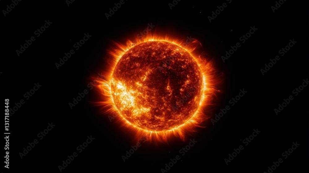 Fiery solar sphere with glowing flames against black background Fiery solar sphere with glowing flames against black background