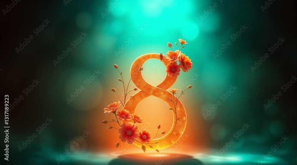 Fototapeta premium Illustration of number 8 and floral decoration for background and banner for 8th march women's day with copy space