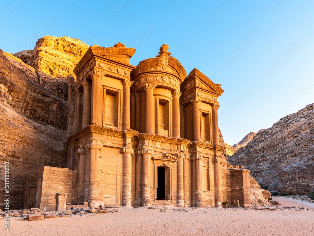Fototapeta premium Majestic Petra Monastery Ancient Architectural Wonder in Jordan's Stunning Landscape Captured at Dawn