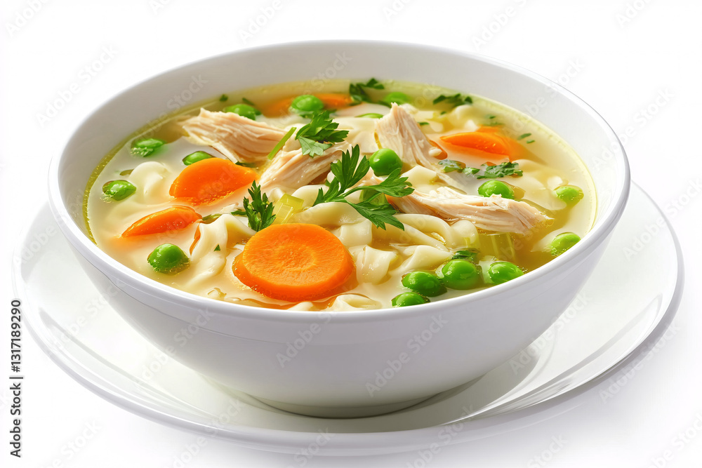 Chicken soup with noodles, peas, and carrots served on a white background Chicken soup with noodles, peas, and carrots served on a white background