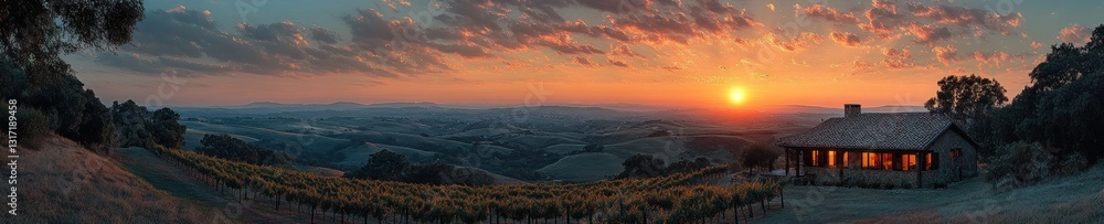 Fototapeta premium Sunset Over Vineyard and Mountain Range with a Cozy Cabin