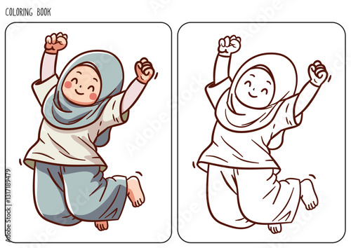 Cute illustration of a cheerful girl wearing a hijab, depicted as a coloring page for children emphasizing happiness, culture, and fun. Features vibrant outlines suitable for creative entertainment
