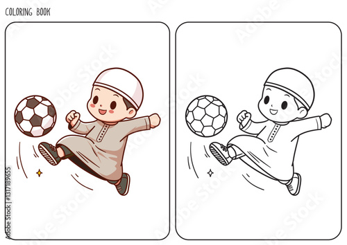 llustration of a muslim boy kicking a soccer ball, dressed in traditional cultural attire, shown in colored and outlined versions for coloring books.