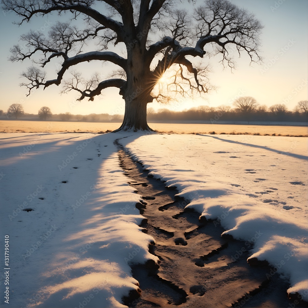 Landscape with old oak tree and path trail in snow covered field.