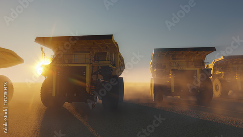 A large quarry dump trucks. Mining equipment for the transportation of coal and minerals. 
Row of heavy yellow mining dump trucks with large wheels and heavy duty design. 3D render.