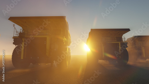 A large quarry dump trucks. Mining equipment for the transportation of coal and minerals. 
Row of heavy yellow mining dump trucks with large wheels and heavy duty design. 3D render.