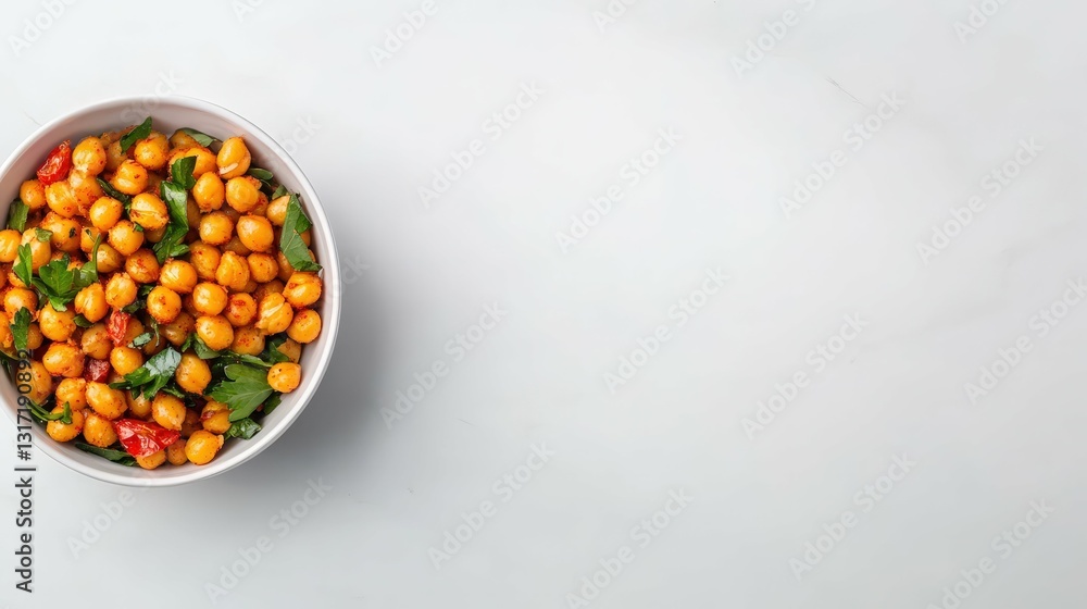 Fototapeta premium Spicy roasted chickpeas with herbs and cherry tomatoes in white bowl on light background