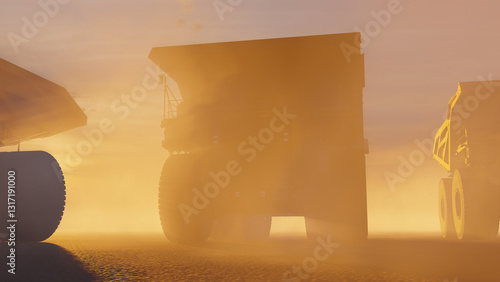 Row of heavy duty dump trucks. Earth Moving Equipment.
Big yellow dump trucks. Mining trucks, mining machinery for transport. 3D render.