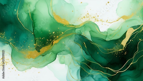green alcohol ink with gold glitter abstract fluid art watercolor background for banner template