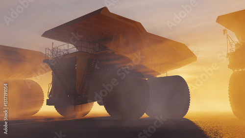 Mining trucks. Row of heavy duty dump trucks. Ore mining equipment.
Mining civil works, Earthmoving. Haul dump truck. 3D render.
