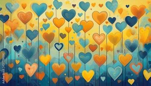 colorful heart illustrations brighten up a cheerful yellow and blue background