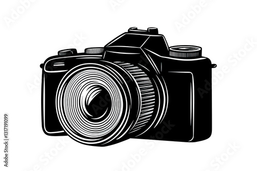 Illustration of a black professional digital camera on white background. Transparent PNG