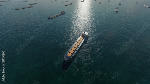 Aerial view, Oil tankers and gas ships waiting in the bay. Waiting to unload oil load from pipeline in the sea to wait for onward transportation. Commercial ships at sea. Large commercial cargo ships 