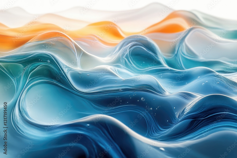 Abstract digital art depicting flowing, translucent waves in shades of blue and orange. Abstract digital art depicting flowing, translucent waves in shades of blue and orange.