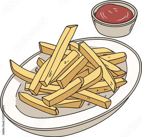 Vector illustration featuring a plate of realistic French fries with a small bowl of ketchup on the side