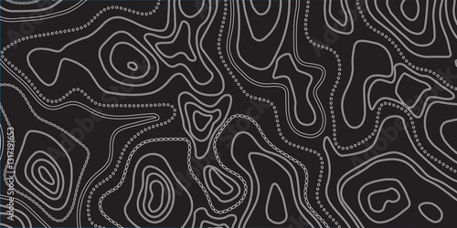 Topographic Contour Map Illustration Incorporating Dynamic Wave Curves, Geographic Grid Mapping, and Detailed Mountain Relief Depictions
