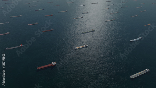 Oil tankers in sea. Nautical bulk carrier ships. Crude oil tankers ships, a merchant vessels specially designed for chemical products transportation. Aerial view. Global shipping. Logistic Transport. 
