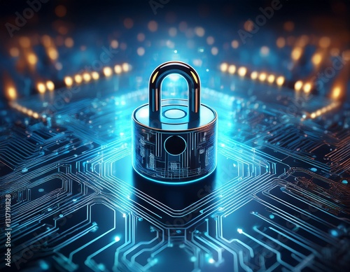 cyber security concept with padlock on circuit board 3d rendering