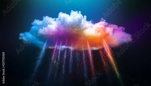 a vibrant cloud emits colorful rain creating a captivating visual effect against a dark background