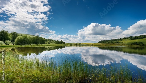 serene lake landscape reflecting a beautiful cloudy sky on a sunny summer day