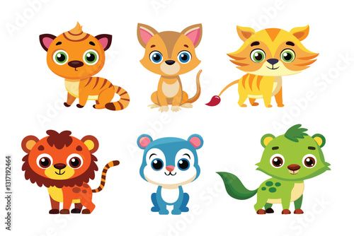 Colorful set of little cartoon animals, Animals riding on swings, forest animals with large eyes, Various monsters by hand drawn