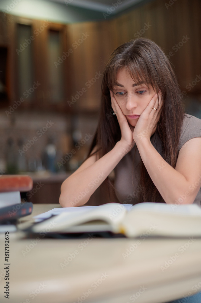 Adult woman with ADHD or dyslexia experiencing frustration and stress, sitting at desk with open book, holding her head in hands amidst study challenges Adult woman with ADHD or dyslexia experiencing frustration and stress, sitting at desk with open book, holding her head in hands amidst study challenges