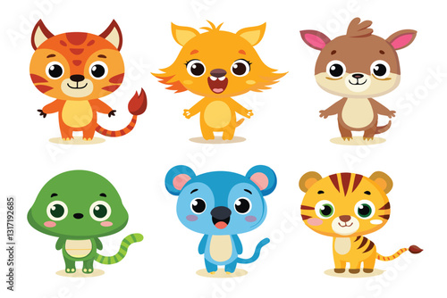 Colorful set of little cartoon animals, Animals riding on swings, forest animals with large eyes, Various monsters by hand drawn