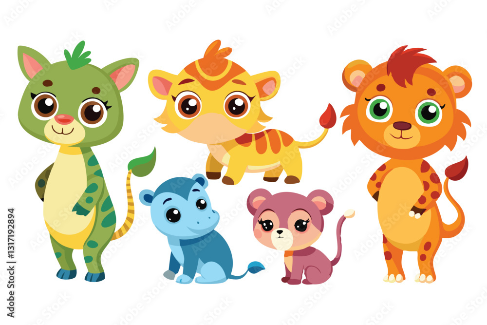 Colorful set of little cartoon animals, Animals riding on swings, forest animals with large eyes, Various monsters by hand drawn Colorful set of little cartoon animals, Animals riding on swings, forest animals with large eyes, Various monsters by hand drawn