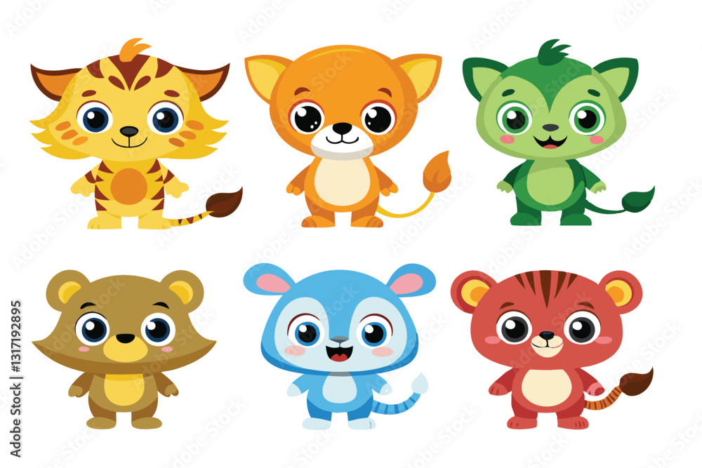 Colorful set of little cartoon animals, Animals riding on swings, forest animals with large eyes, Various monsters by hand drawn Colorful set of little cartoon animals, Animals riding on swings, forest animals with large eyes, Various monsters by hand drawn
