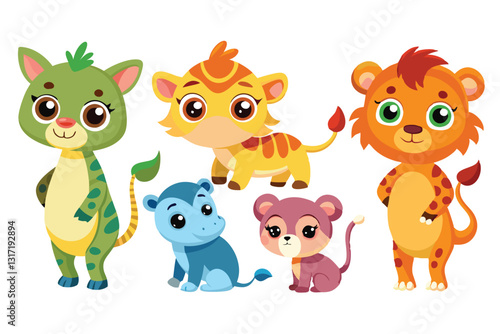 Colorful set of little cartoon animals, Animals riding on swings, forest animals with large eyes, Various monsters by hand drawn