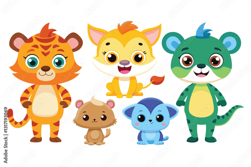 Naklejka premium Colorful set of little cartoon animals, Animals riding on swings, forest animals with large eyes, Various monsters by hand drawn