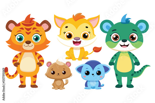 Colorful set of little cartoon animals, Animals riding on swings, forest animals with large eyes, Various monsters by hand drawn
