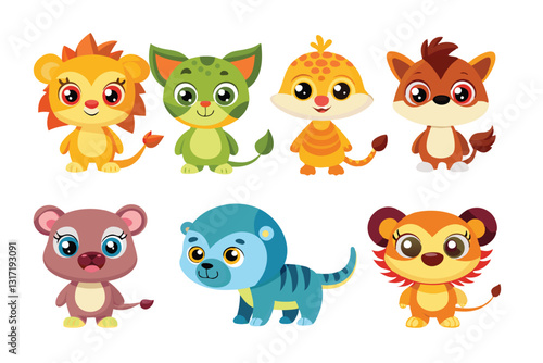 Colorful set of little cartoon animals, Animals riding on swings, forest animals with large eyes, Various monsters by hand drawn