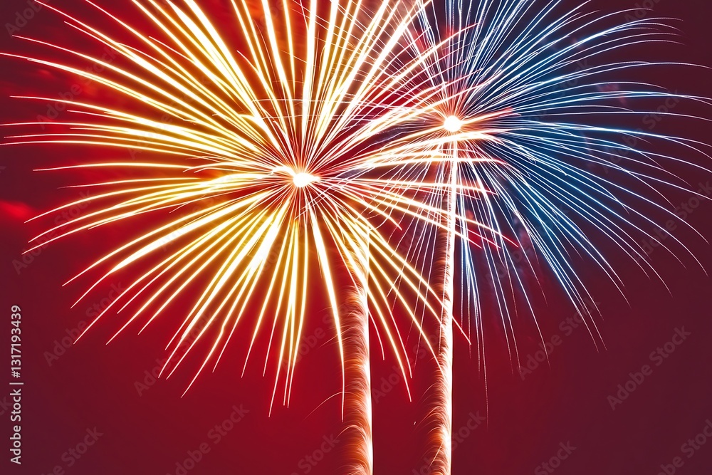 A red background featuring an explosion of colorful fireworks in the night sky, creating a dramatic and festive visual effect. The fireworks' bright colors contrast against the deep red backdrop. A red background featuring an explosion of colorful fireworks in the night sky, creating a dramatic and festive visual effect. The fireworks' bright colors contrast against the deep red backdrop.
