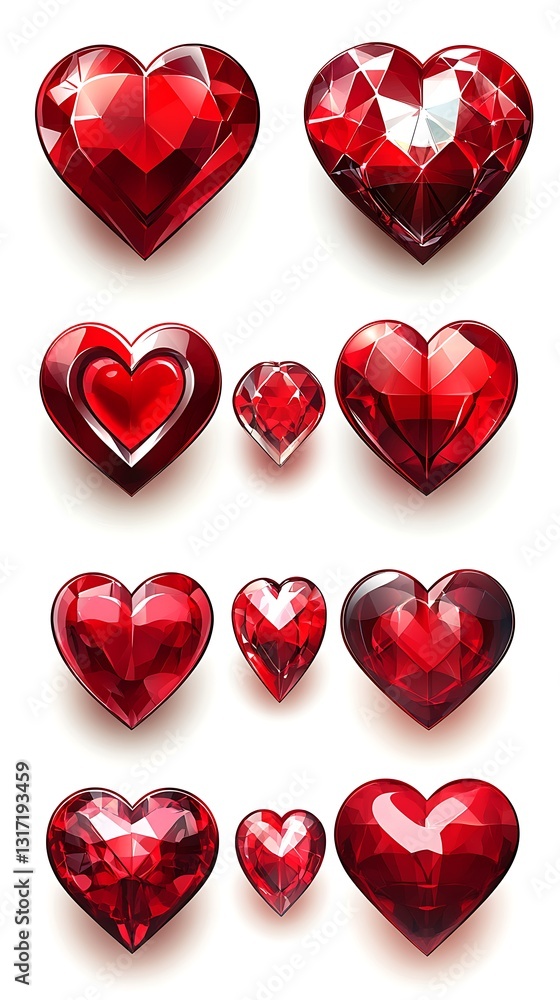 Twelve red gemstone hearts, various sizes and facets. Twelve red gemstone hearts, various sizes and facets.
