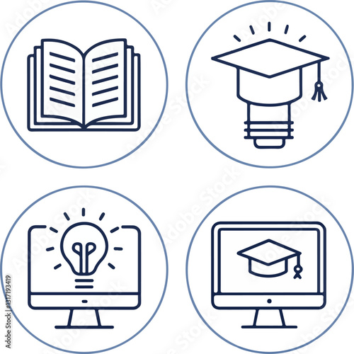 E-Learning Icons Set – Editable Stroke, Online Education, Digital Learning, Training