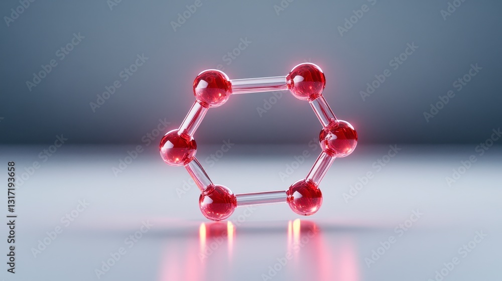 Obraz premium Abstract 3D rendering of a red hexagonal molecule structure with glowing elements against a gray background. Clean, simple, and modern